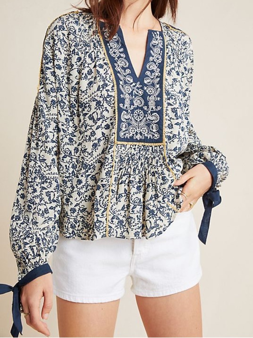 🌿 Mystree Blue Floral Embroidered Boho Peasant Blouse Small